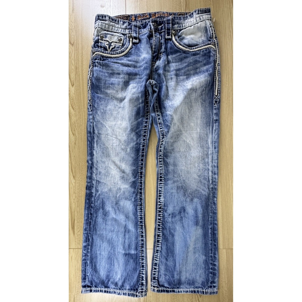 Rock Revival Mens Tucker Boot Jeans 33 Buckle Distressed Fleur De Lis Blue READ
